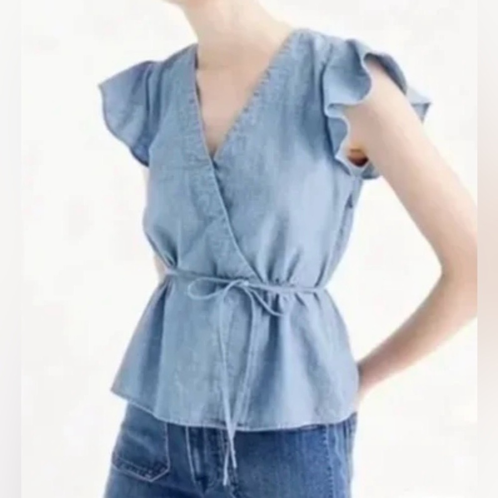 J. Crew Factory Chambray Wrap Blouse 💙🩵 - Picture 3 of 11